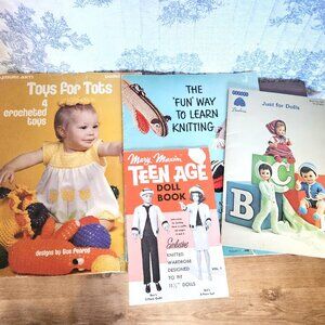 Bundle of 4 Vintage Doll Clothes And Children's Knitting Crochet Leaflets